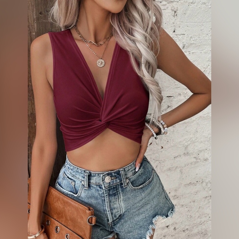 SHEIN Burgundy Twist Front V-Neck Crop Top